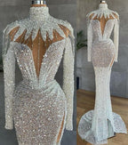 White Arabic Split Prom Dresses Luxury Beading Sequined High Neck Long Sleeve Women Plus Size Formal Evening Gowns C1942