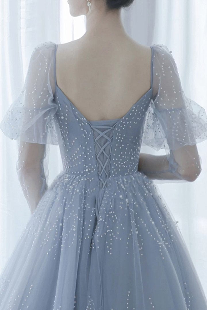 Blue tulle long ball gown dress A line formal dress  C1337