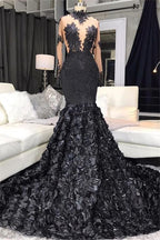 Unique Lace Appliques Flowers High-Neck Prom Dresses Sheer Tulle Fit And Flare Evening Gowns C1988