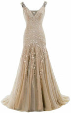 Mermaid V Neck Beaded Long Prom Dress Evening Gowns C1783