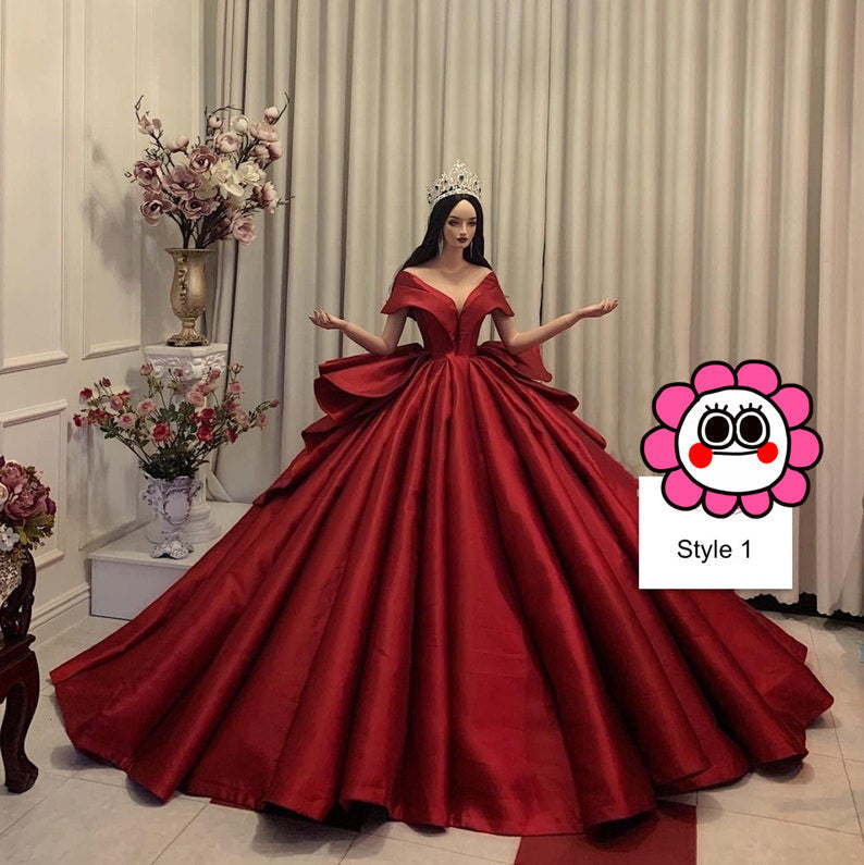 Charming red or white princess V neck satin ball gown wedding dress - various styles  C2154