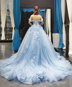 Blue off shoulder tulle lace long prom gown, blue evening dress C51