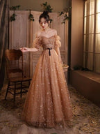 Elegant Champagne Evening Dresses Female Lanturn Sleeves Bow Lace Up Long French Style Ball Gowns C1945