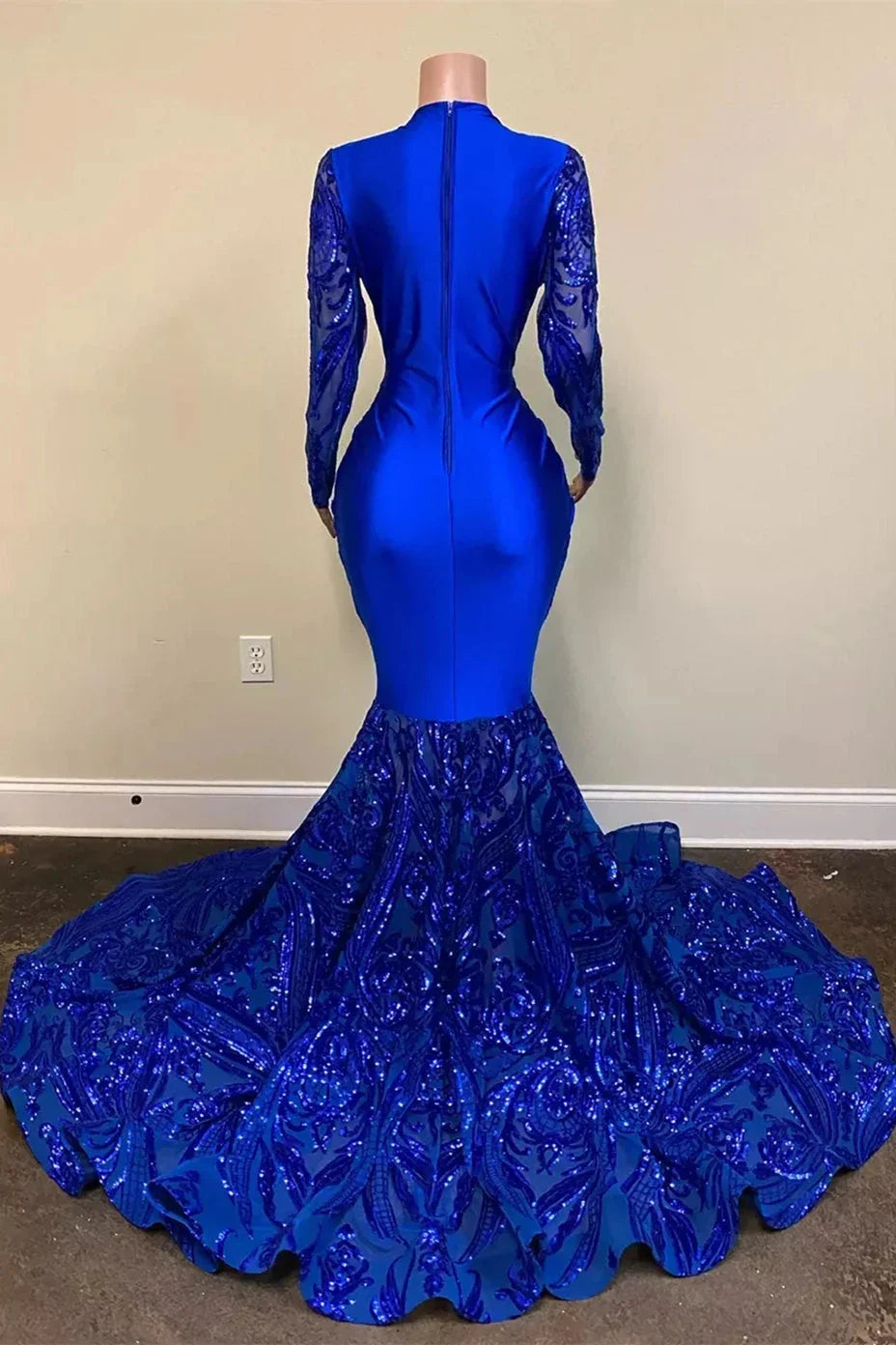 Blue Shiny Sexy V-Neck Long Sleeves Prom Dress Prom Gowns Prom Dresses
