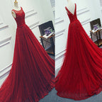 Red Beading Sparkly Unique Ball Gown Round Neck Formal Elegant Long Prom Dresses