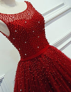 Red Beading Sparkly Unique Ball Gown Round Neck Formal Elegant Long Prom Dresses