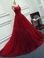 Red Beading Sparkly Unique Ball Gown Round Neck Formal Elegant Long Prom Dresses