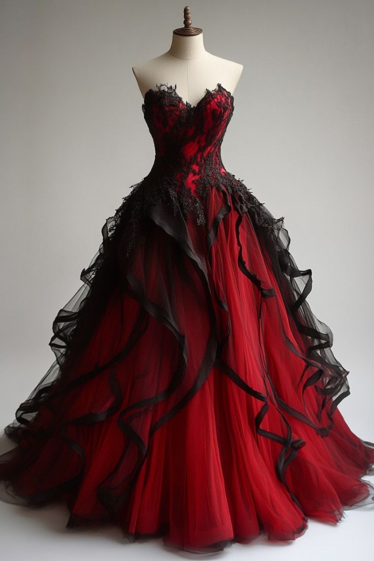 Retro Ball Gowns Sweetheart Tulle Red Prom Dress Black Prom Dress