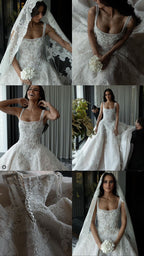 Rustic Wedding Dress Ball Gowns Square Neck White Lace Tulle Long Wedding Dress Summer Brides Dresses Bridal Gown