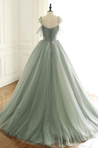 Sage Green Tulle Long Ball Gowns With Spaghetti Straps, Sage Green Sweet 16 Dresses Prom Gowns