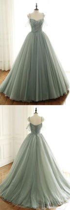 Sage Green Tulle Long Ball Gowns With Spaghetti Straps, Sage Green Sweet 16 Dresses Prom Gowns