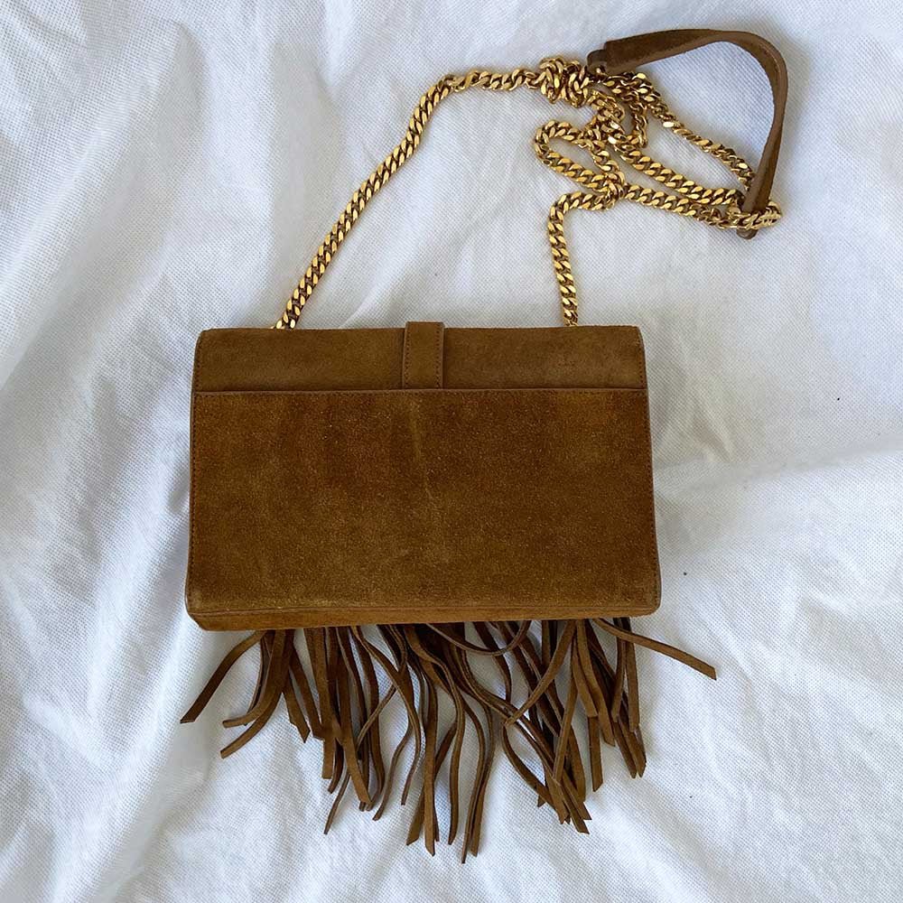 Saint Laurent Monogram Suede Fringe Shoulder Bag