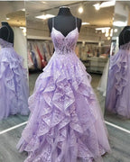 Spaghetti Staps Lilac Prom Dresses Evening Gowns with Sheer Bodice C2440