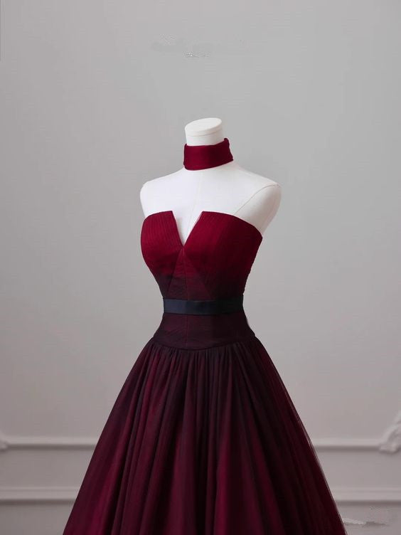 Sexy Ball Gowns Strapless Long Burgundy Prom Dress