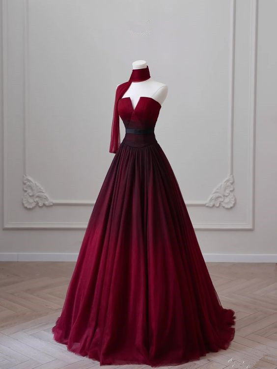 Sexy Ball Gowns Strapless Long Burgundy Prom Dress