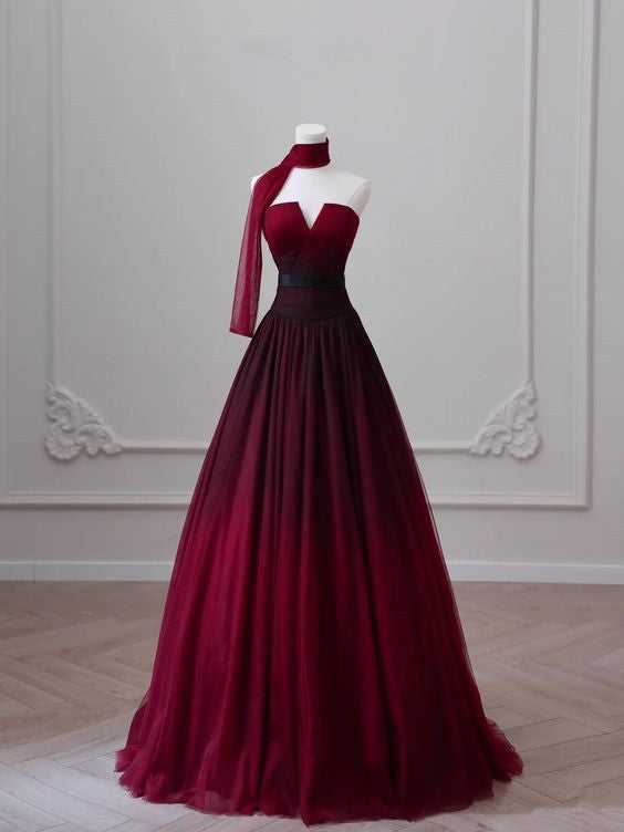 Sexy Ball Gowns Strapless Long Burgundy Prom Dress