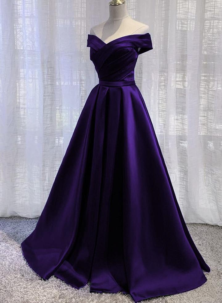 Simple Off Shoulder Satin Long Prom Dress, Dark Purple Prom Dresses Prom Gowns