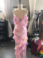 Dreamy Elegant Spaghetti Strap Pink Layered Ruffle Maxi Dress Long Chiffon Prom Gowns Prom Dresses