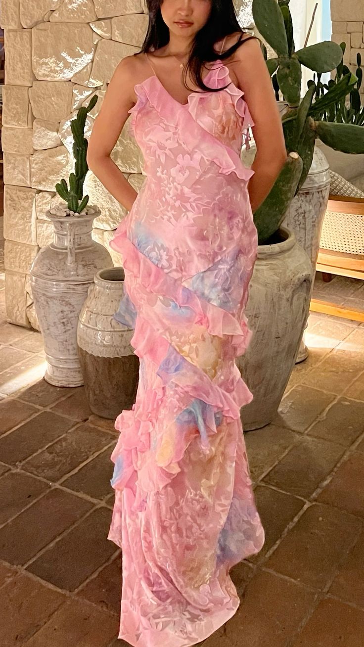 Dreamy Elegant Spaghetti Strap Pink Layered Ruffle Maxi Dress Long Chiffon Prom Gowns Prom Dresses