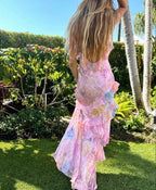 Dreamy Elegant Spaghetti Strap Pink Layered Ruffle Maxi Dress Long Chiffon Prom Gowns Prom Dresses