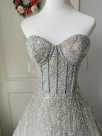 Sparkling Silver-Grey Strapless Sequined Ball Gown Evening Dresses