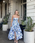 Strapless Print Floral Long Prom Dresses Prom Gowns