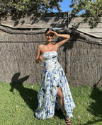 Strapless Print Floral Long Prom Dresses Prom Gowns