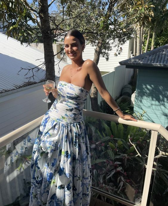 Strapless Print Floral Long Prom Dresses Prom Gowns