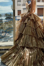 Stylish Golden Tiered Ball Gowns Long Prom Dresses