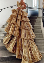 Stylish Golden Tiered Ball Gowns Long Prom Dresses