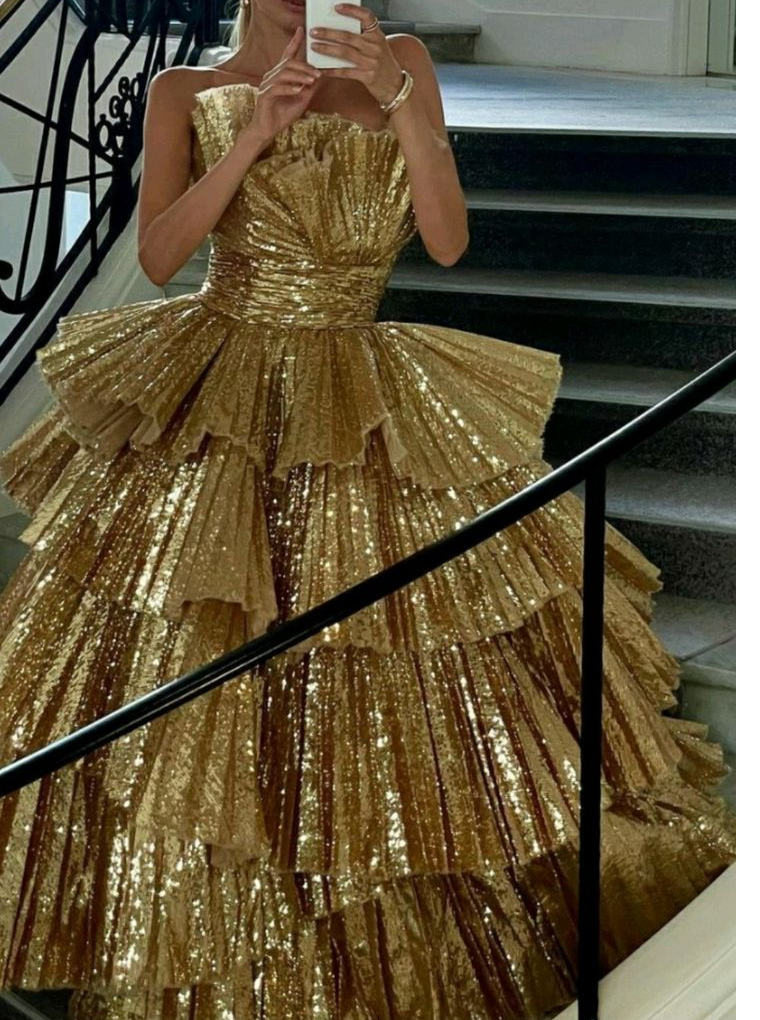 Stylish Golden Tiered Ball Gowns Long Prom Dresses