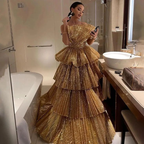Stylish Golden Tiered Ball Gowns Long Prom Dresses