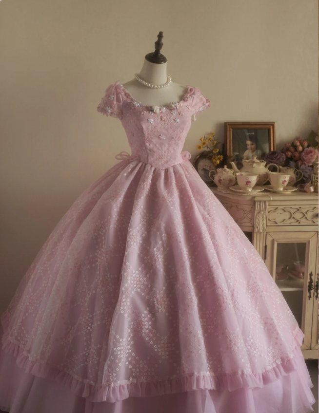 Sweet Court Light Pink Embroidered Floral Tulle Ball Gown Evening Dresses Sweet 16 Dresses