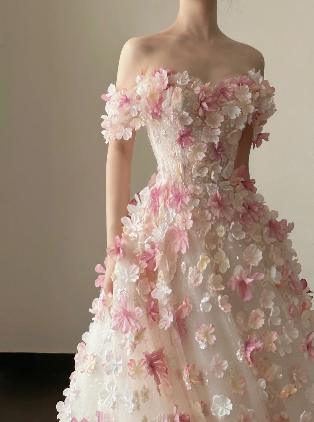 Sweet Pink And White Gradient Strapless 3D Floral Tulle Ball Gown Wedding Dresses