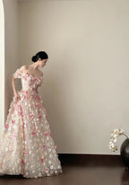 Sweet Pink And White Gradient Strapless 3D Floral Tulle Ball Gown Wedding Dresses