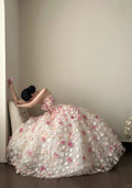 Sweet Pink And White Gradient Strapless 3D Floral Tulle Ball Gown Wedding Dresses