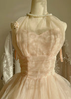 Sweet Pink Halter Neck Tulle Long Ball Gown Evening Dresses