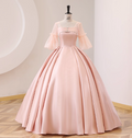 Sweet Pink Square Neck Lace Sleeve Satin Ball Gown Evening Dresses Sweet 16 Dresses