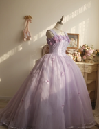 Sweet Princess Light Purple 3D Floral Square Neck Bow Tulle Ball Gown Evening Dresses Sweet 16 Dresses