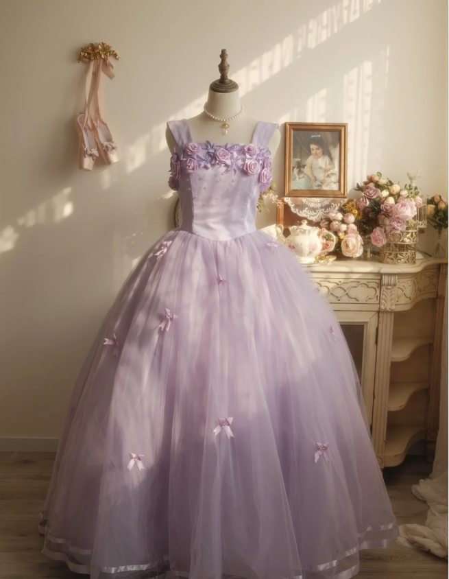 Sweet Princess Light Purple 3D Floral Square Neck Bow Tulle Ball Gown Evening Dresses Sweet 16 Dresses