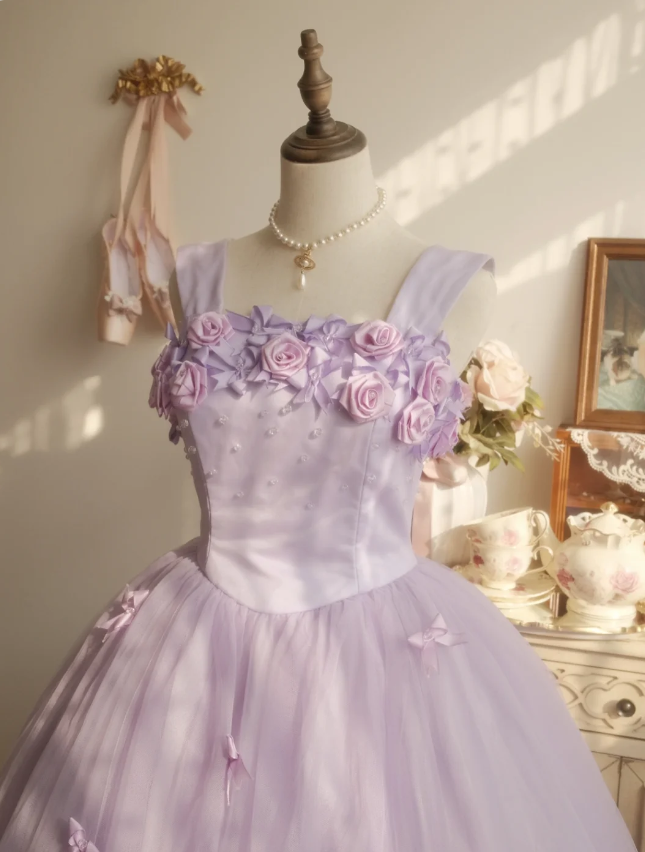 Sweet Princess Light Purple 3D Floral Square Neck Bow Tulle Ball Gown Evening Dresses Sweet 16 Dresses