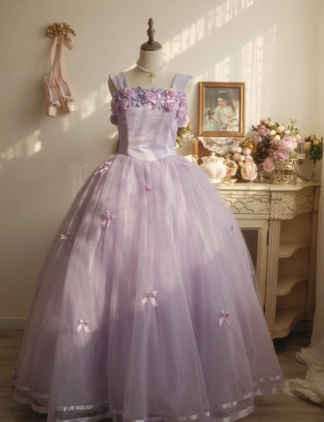 Sweet Princess Light Purple 3D Floral Square Neck Bow Tulle Ball Gown Evening Dresses Sweet 16 Dresses