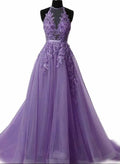 Light PurpleHalter Neck Lace Prom Dress with Sweep Train, Backless Evening Gowns C386