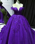 Elegant purple ball gown quinceanera dresses lace beaded off the shoulder for sweet 16 party C1604
