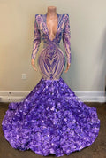 Sparkly purple evening dresses long sleeve v neck elegant mermaid modest sequin applique formal evening gown C1066