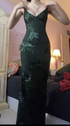 V Neck Green Prom Dresses Prom Gown With Sequin Appliques