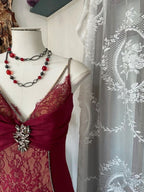 V Neck Lace Burgundy Long Prom Dresses Mermaid Prom Gowns