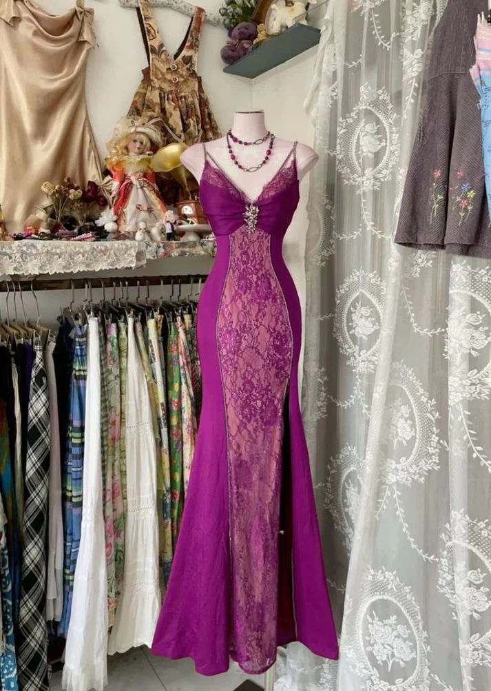 V Neck Lace Burgundy Long Prom Dresses Mermaid Prom Gowns