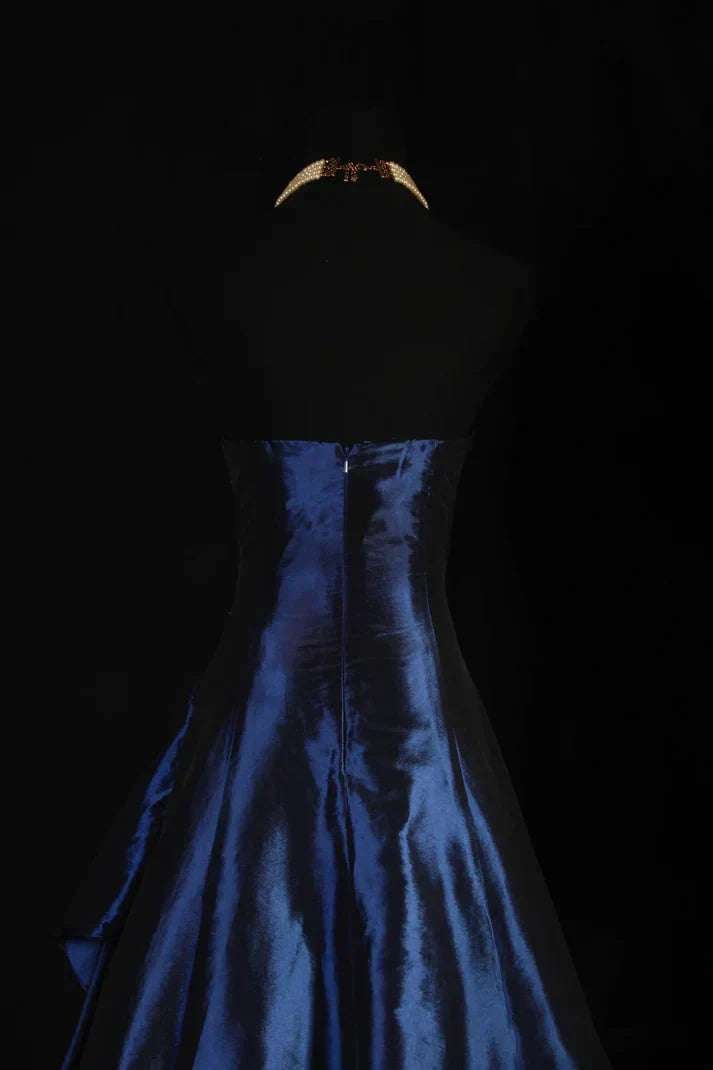 Vintage Ball Gowns Strapless Navy Blue Satin Long Prom Dress