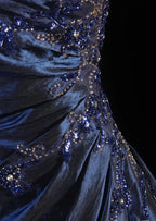 Vintage Ball Gowns Strapless Navy Blue Satin Long Prom Dress